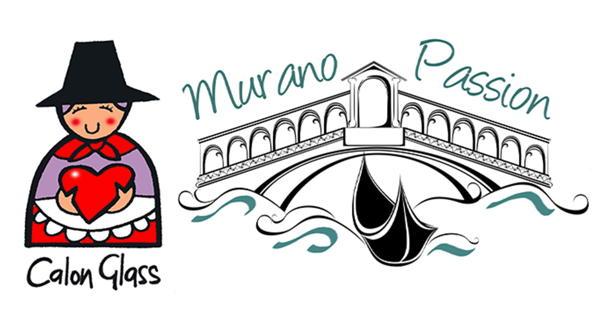 A cartoon figure in a hat holds a red heart with the "Calon Glass & Murano Passion" text below. Beside it, an illustration titled "Murano Passion" features waves and gondola shapes, creating the perfect gift card design for art lovers from Calon Glass & Murano Passion.