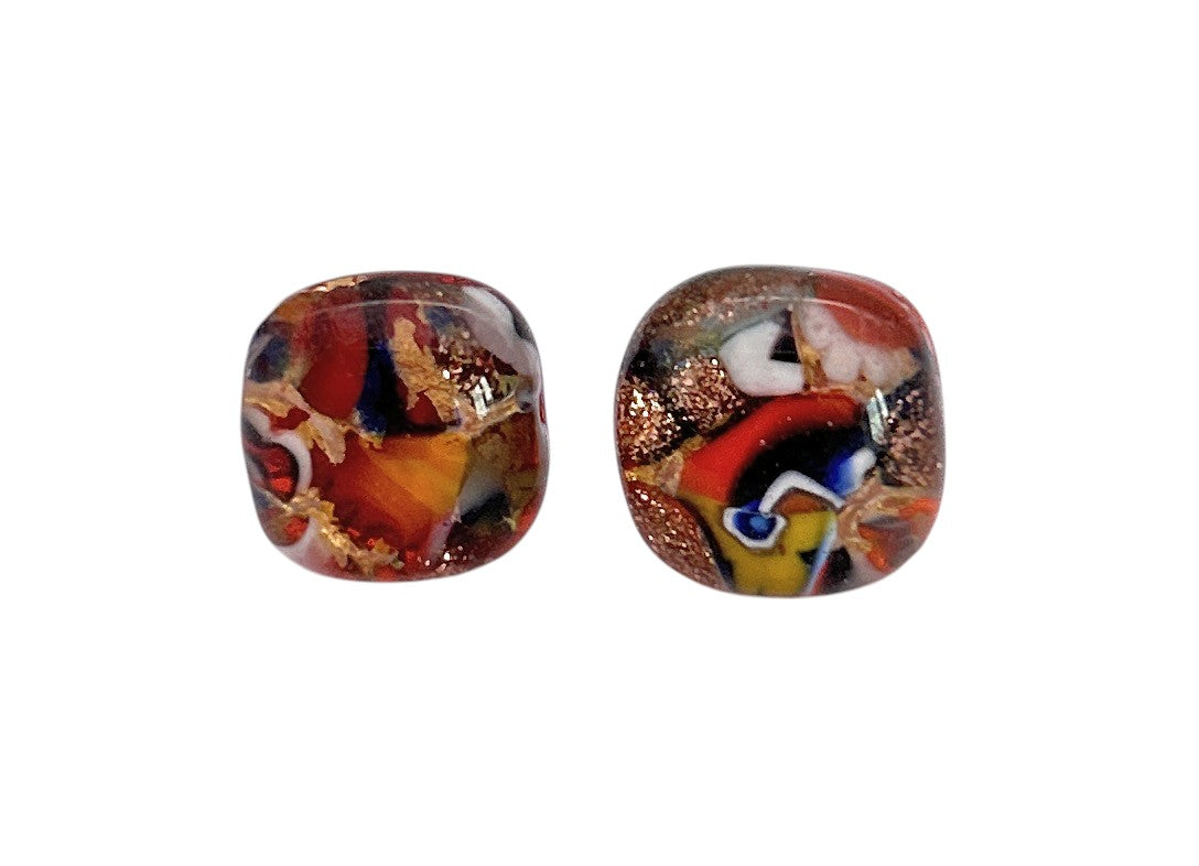 The Murano Passion Murano Glass Earrings (MGE2) feature 1cm handmade beads with multicolours on gold leaf, shown side by side on a plain white background.