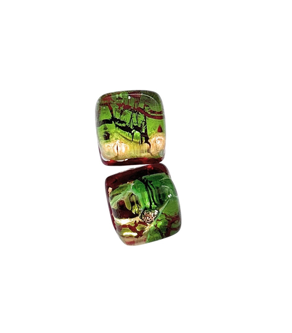 Murano Passion's dainty 8mm Murano Glass Earrings (MGE19) feature square beads with a green, red, yellow marbled pattern and gold accents, shown on a white background.