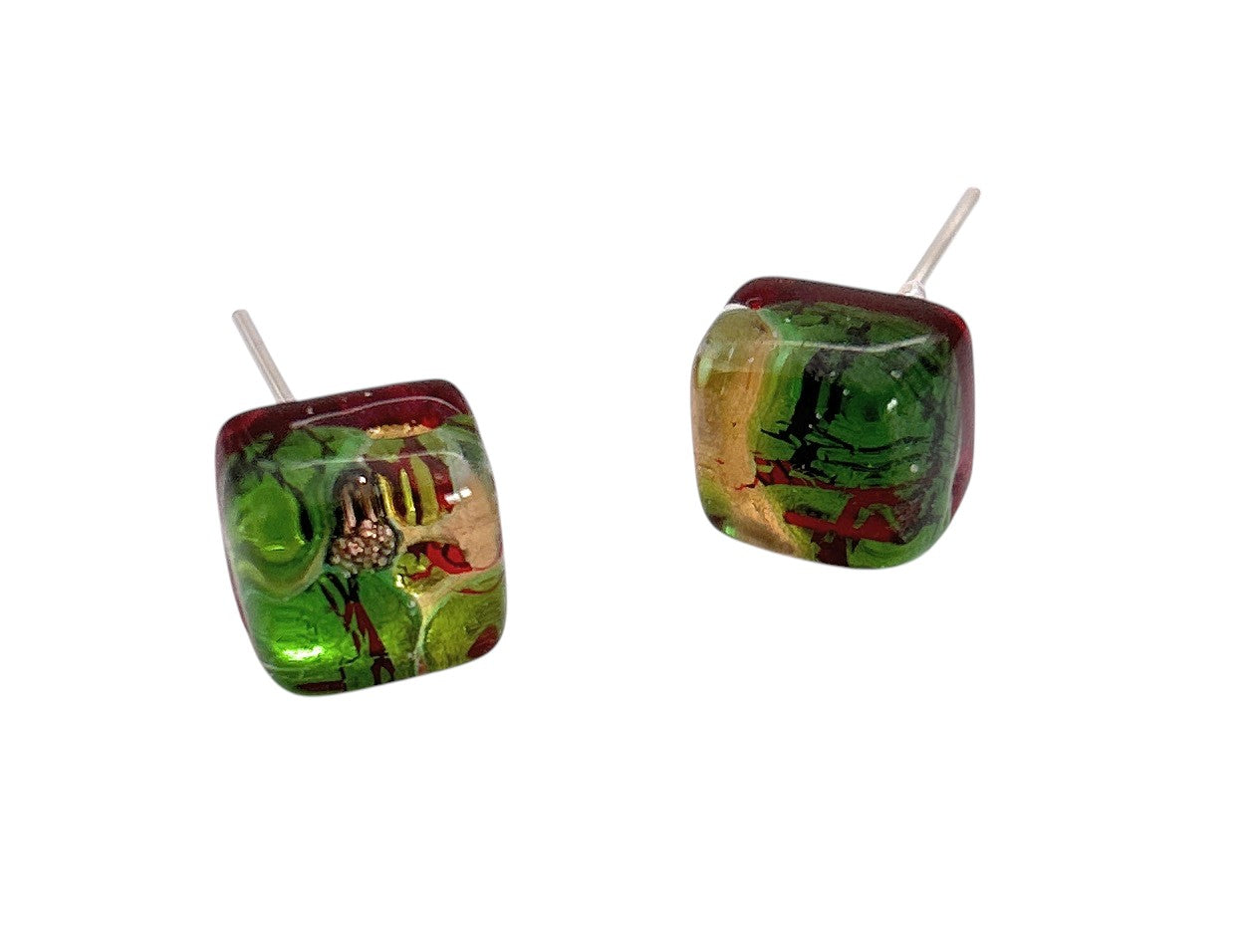Murano Passion’s Murano Glass Earrings - Green/Gold, Dainty 8mm (MGE19) feature abstract green, red, and gold designs on glossy handmade glass, mounted on silver posts for a unique artistic touch.