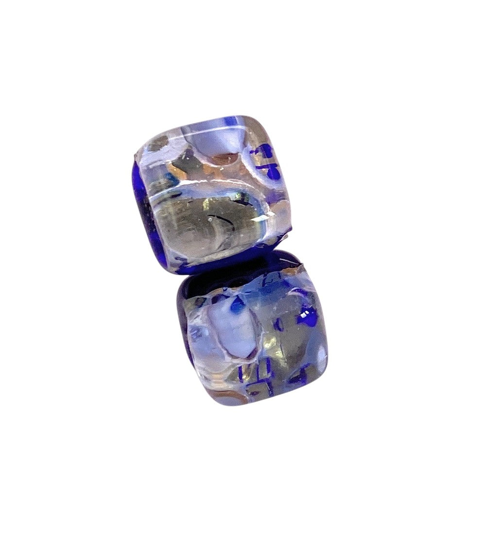Two dainty 8mm Murano Glass Earrings by Murano Passion in blue and gold are stacked against a white background, reflecting exquisite Venetian craftsmanship.