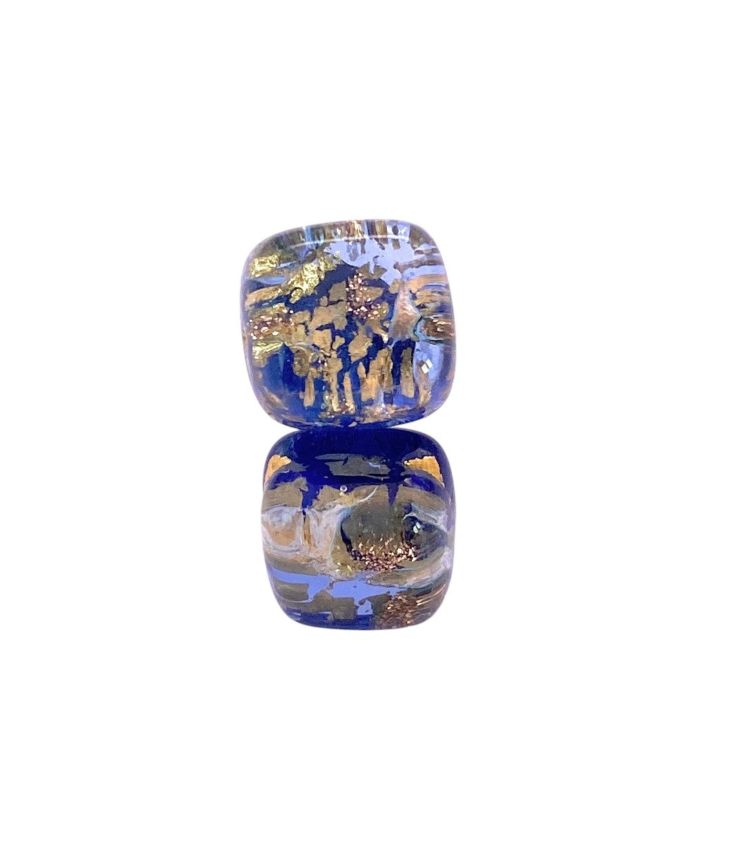 Murano Passion’s Murano Glass Earrings (MGE5) feature two stacked 8mm square beads in blue and gold swirls, adding a touch of elegance to any style.