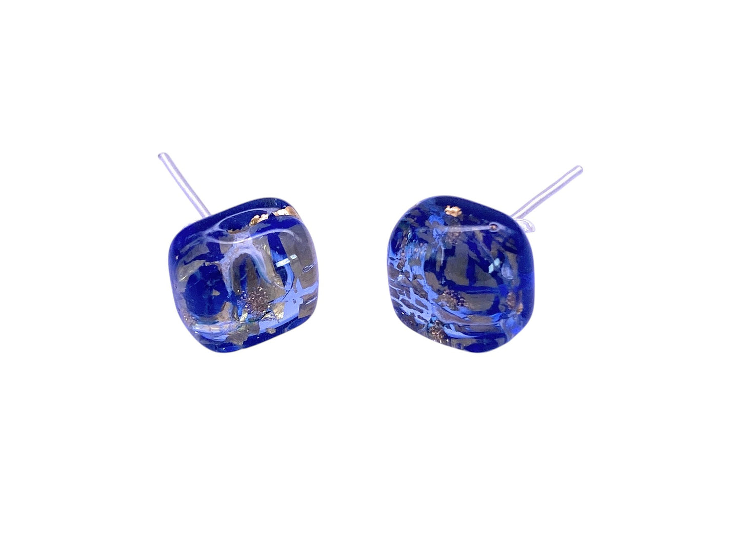 Murano Passion's Murano Glass Earrings - Blue/Gold (MGE5) feature dainty 8mm square shapes with metallic flecks, shown on a white background.