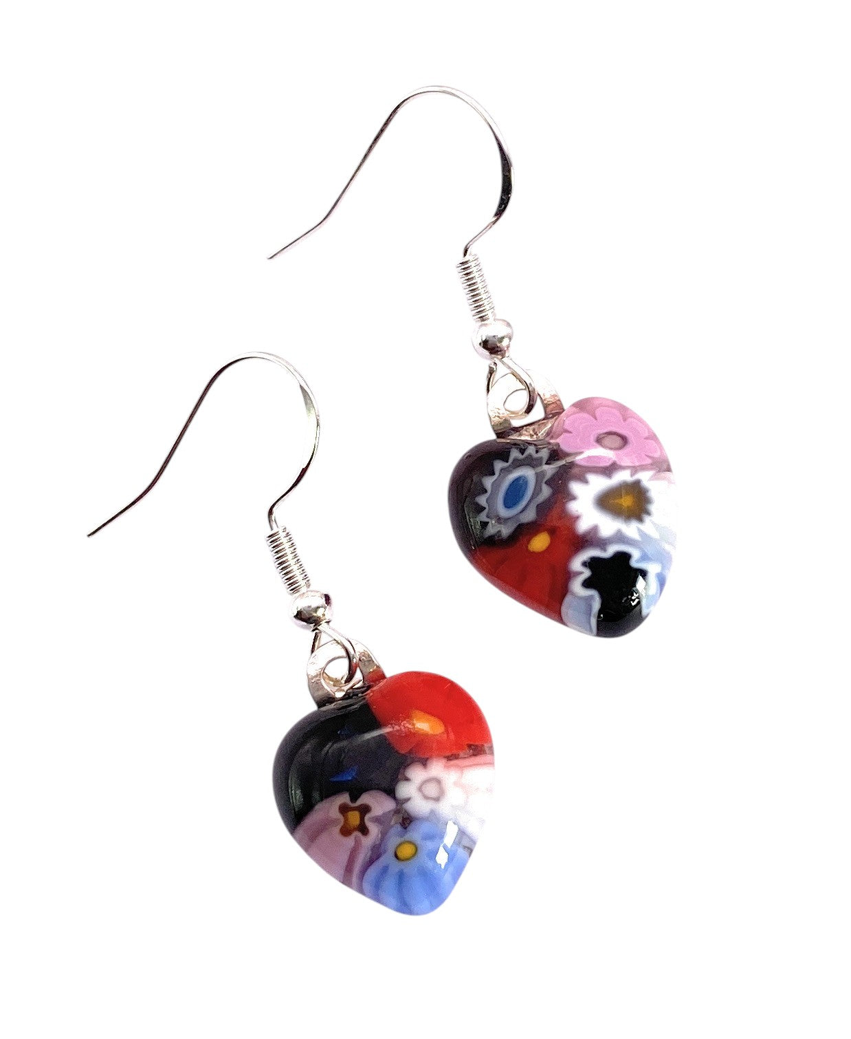 Murano Passion’s Millefiori Glass Flower Earrings (MGE23) feature colorful, heart-shaped Murano glass with floral designs and 925 sterling silver hooks—1.3cm x 1.3cm—celebrating Venetian artistry.