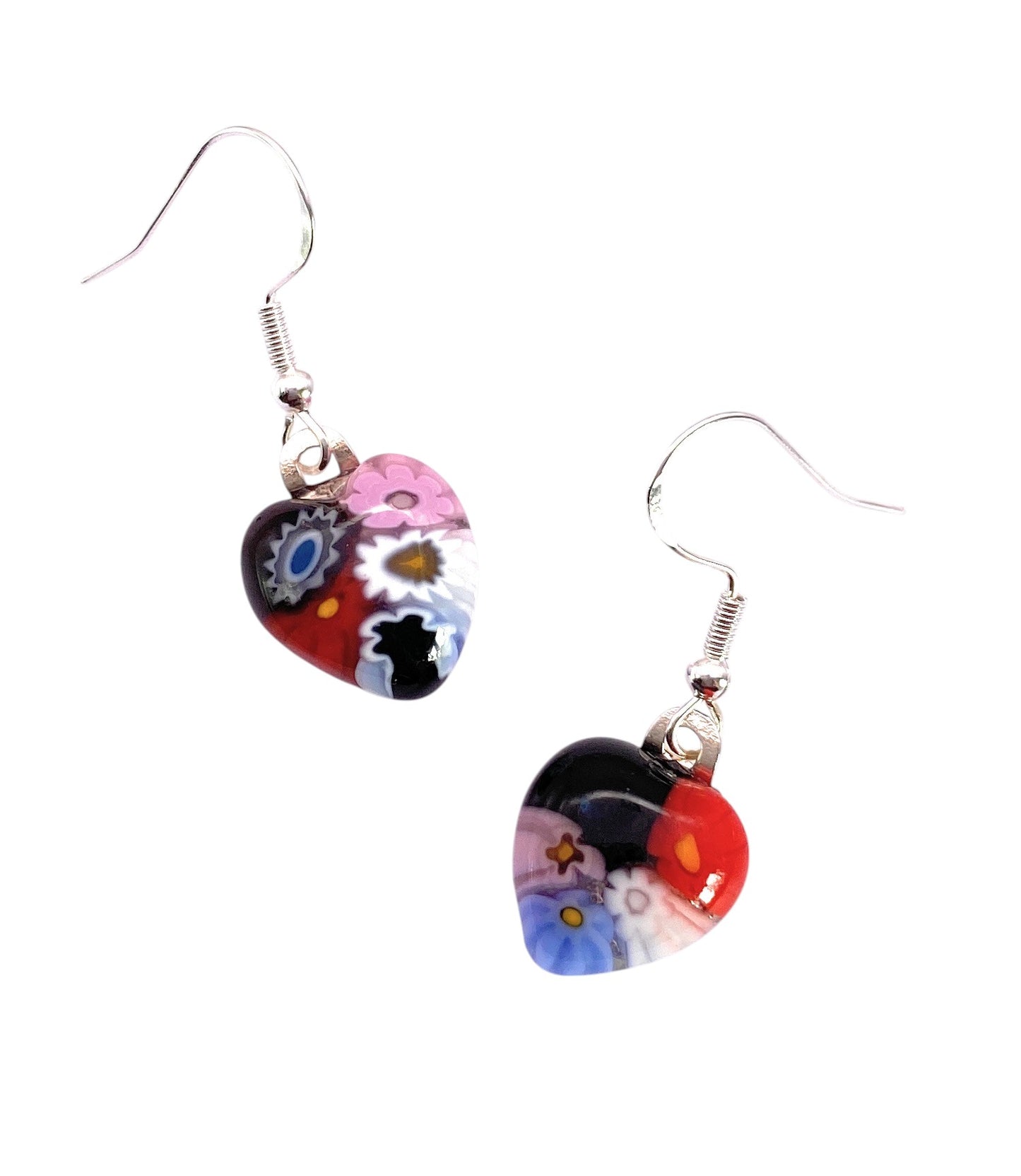 Murano Passion’s Millefiori Glass Flower Earrings (MGE23) feature 1.3cm heart-shaped Murano glass with vibrant floral designs in red, purple, blue, black & white on 925 sterling silver hooks, honoring Venetian artistry.