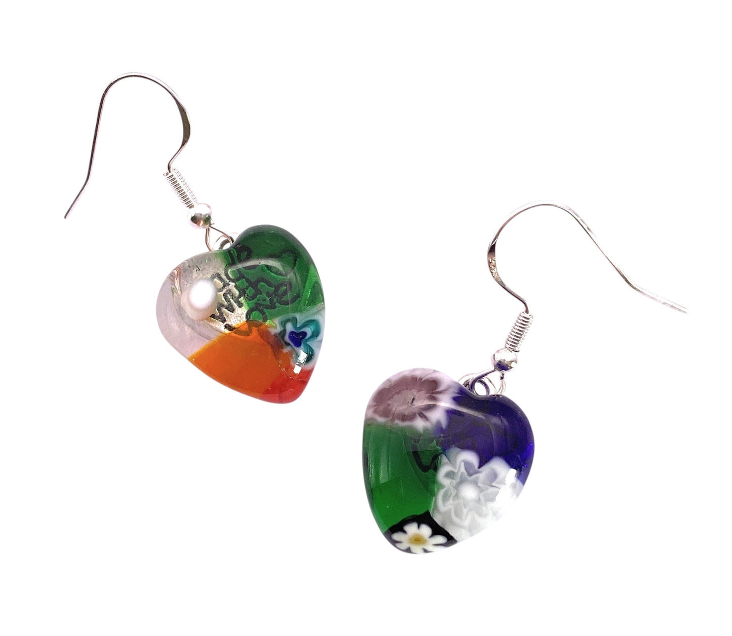 Murano Passion's MGE24 earrings feature heart-shaped Murano Glass with vibrant millefiori floral patterns and 925 sterling silver hooks, sized 1.5cm x 1.6cm.