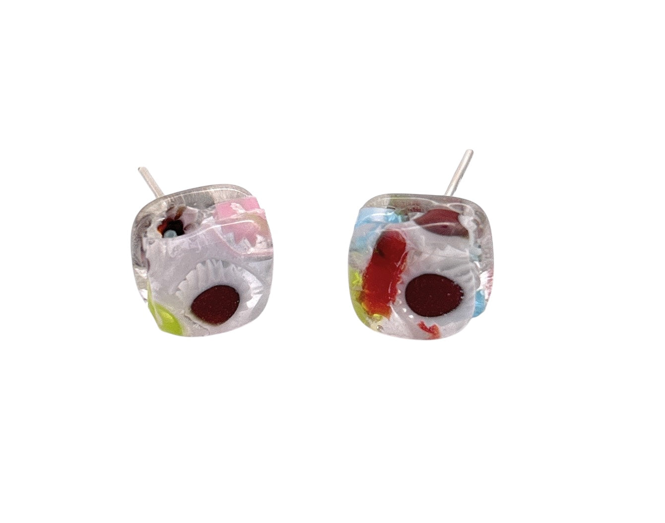 Rectangular resin earrings featuring vibrant Millefiori Glass Pieces with red, white, green, and blue accents. Each WEBSITE EXCLUSIVE by Murano Passion includes a stainless steel post and a plain white background.
