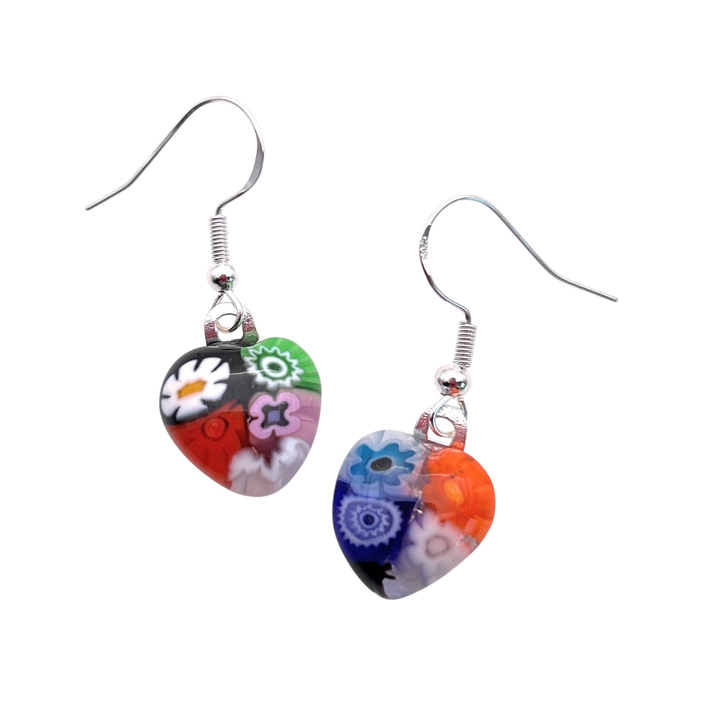 Murano Passion presents heart-shaped earrings with colorful floral Millefiori glass in red, blue, green, orange, and white. Crafted with 925 sterling silver hooks, these dainty Murano Glass Earrings measure 1.4cm x 1.3cm.