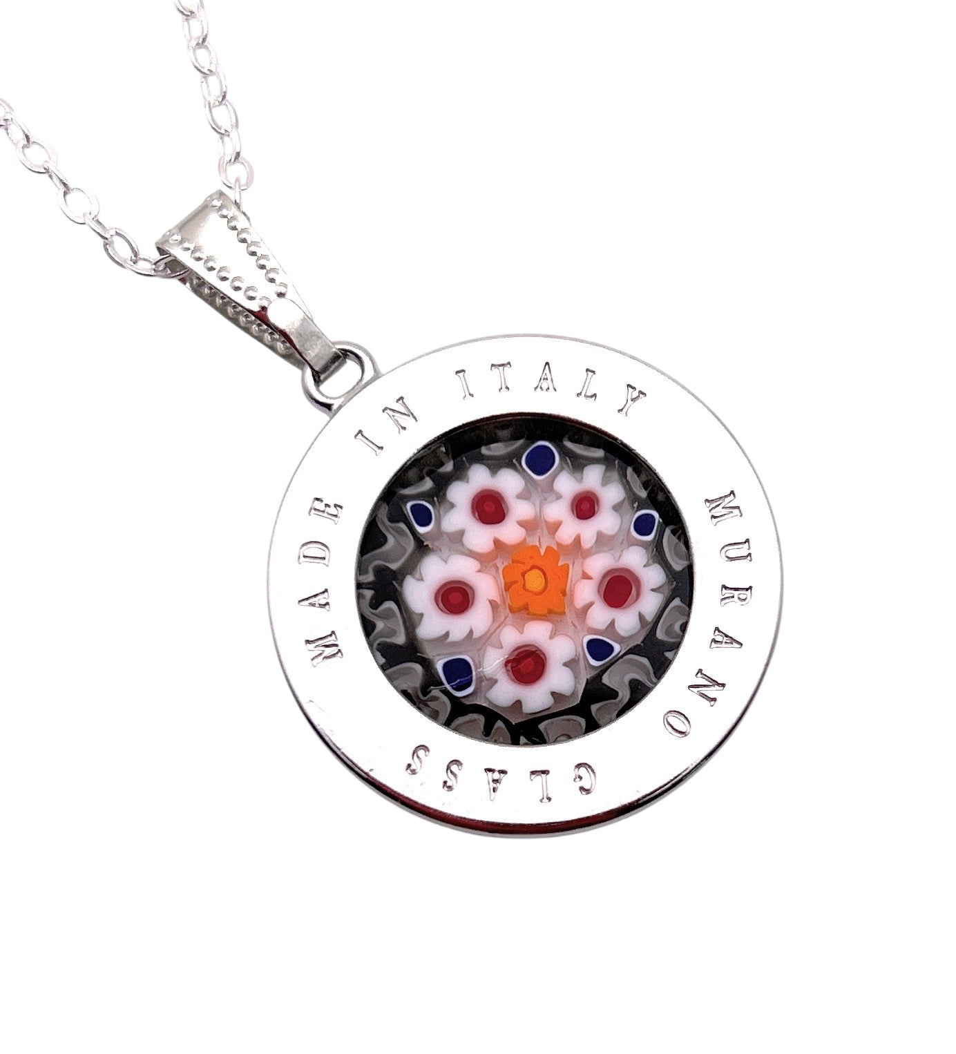 The Murano Passion pendant, 2.4cm round silver design, features vibrant glass flowers at its center. "Murano Glass Made in Italy" is engraved on the border and it comes with a Certificate of Authenticity to guarantee genuine craftsmanship.