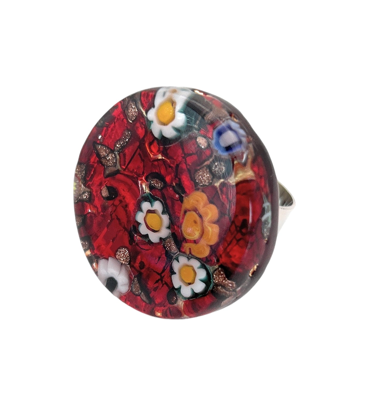 The Murano Passion Glass Millefiori Ring is a large, multicolored statement piece. With a vibrant 3cm round design, it boasts intricate white, yellow, and blue flower motifs on a rich red base—a genuine Murano masterpiece.