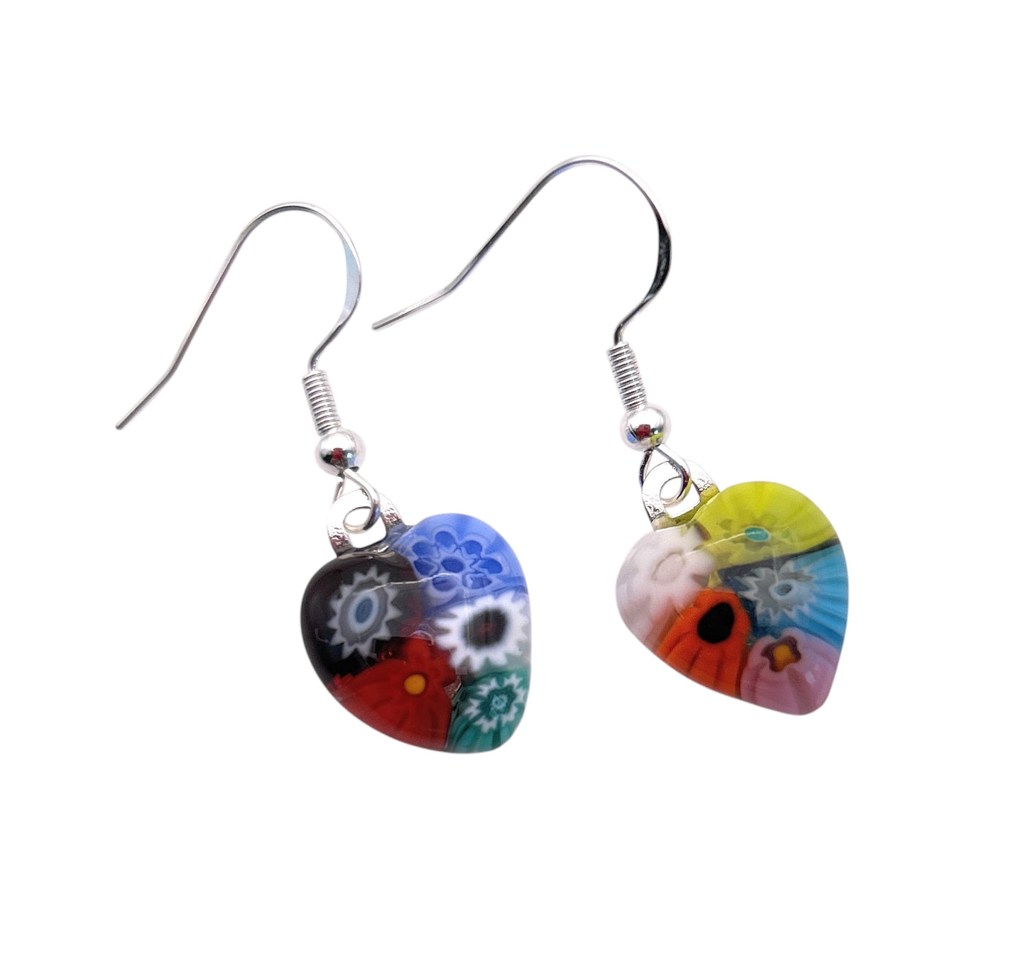 Murano Passion's Murano Glass Earrings feature colorful heart-shaped Millefiori flower designs with blue, red, yellow, and black hues on 925 sterling silver hooks. These earrings are dainty at 1.5cm x 1.3cm.