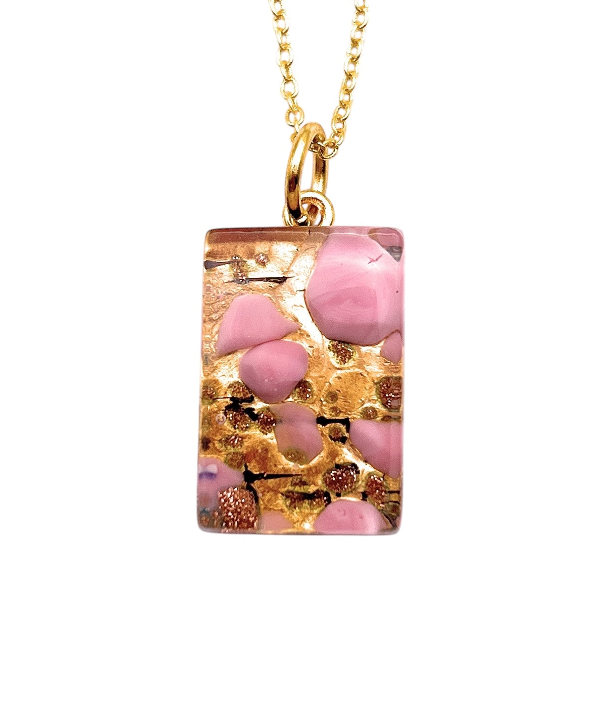 The WEBSITE EXCLUSIVE - Murano Glass Pendant by Murano Passion features a pink Millefiori design on gold leaf, measuring 2.3cm x 1.5cm, with floral accents on a delicate chain and a textured surface for added depth.