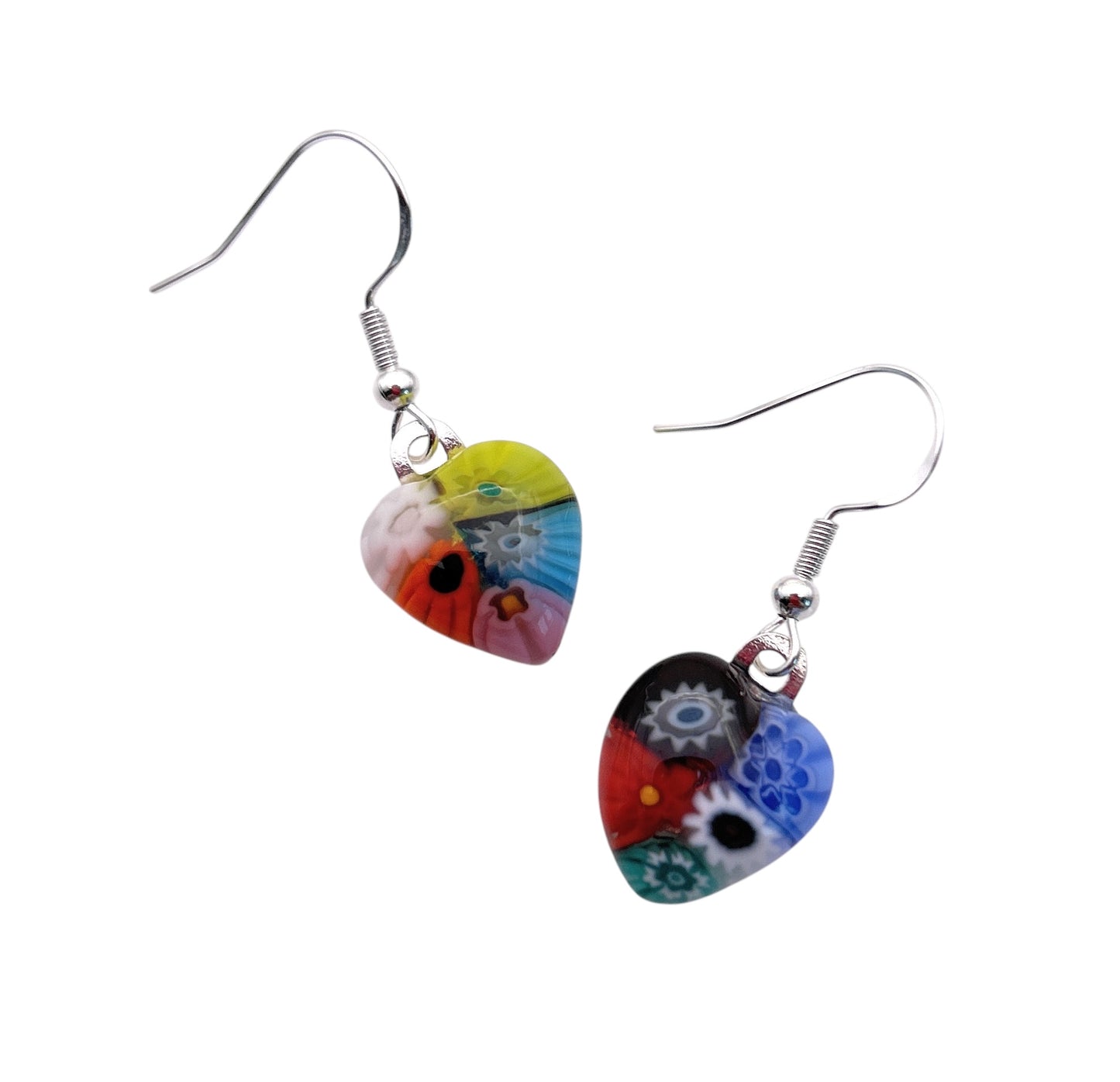 The Murano Passion Millefiori Glass Flower Earrings feature heart-shaped, floral-patterned Murano glass in black, red, blue, and yellow. These dainty 1.5cm x 1.3cm earrings hang gracefully from 925 sterling silver hooks.