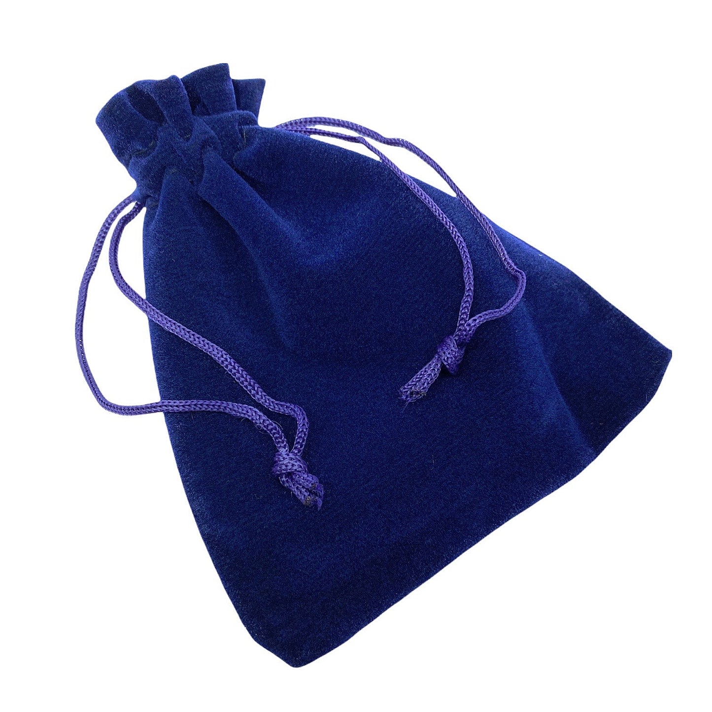 A slightly crumpled blue velvet drawstring pouch with purple cords lies flat on a white background, poised to hold the exquisite Murano Passion's Murano Glass Earrings - Green/Blue/Silver, Dainty 8mm (MGE4)—each a masterpiece of authentic handmade artistry.