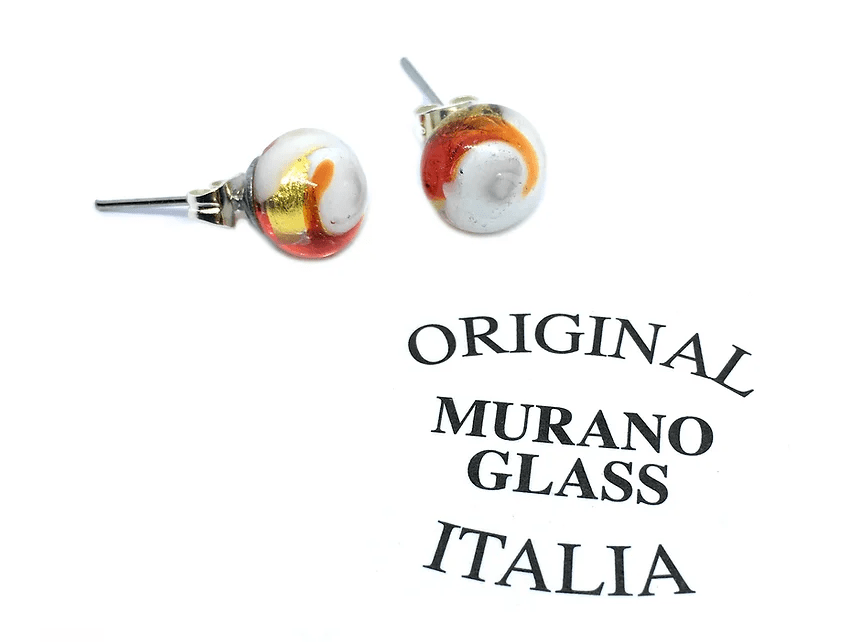 A pair of Murano Passion Glass Stud Earrings (8mm) in red, gold, orange, and white, shown near "ORIGINAL MURANO GLASS ITALIA" text on a white background. Includes Certificate of Authenticity.