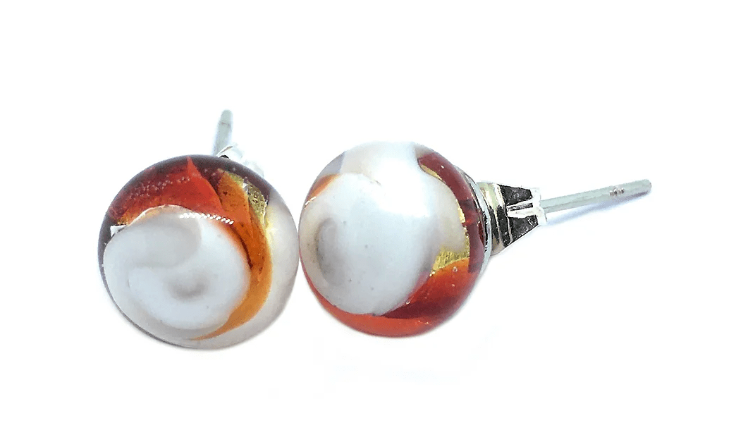 Murano Passion Murano Glass Stud Earrings, 8mm round with swirling red, gold, orange, and white patterns, set on silver posts.