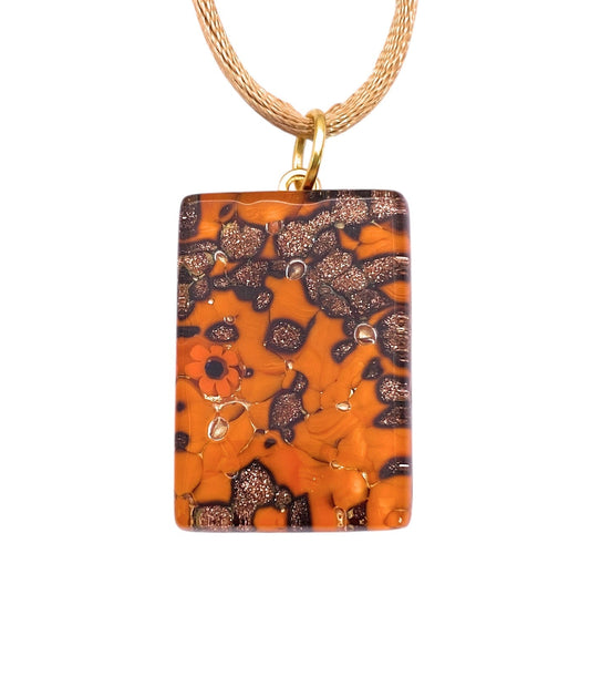 Murano Passion "Murano Glass Pendant with Glitter on Gold Leaf features a rectangular design with orange and gold speckles