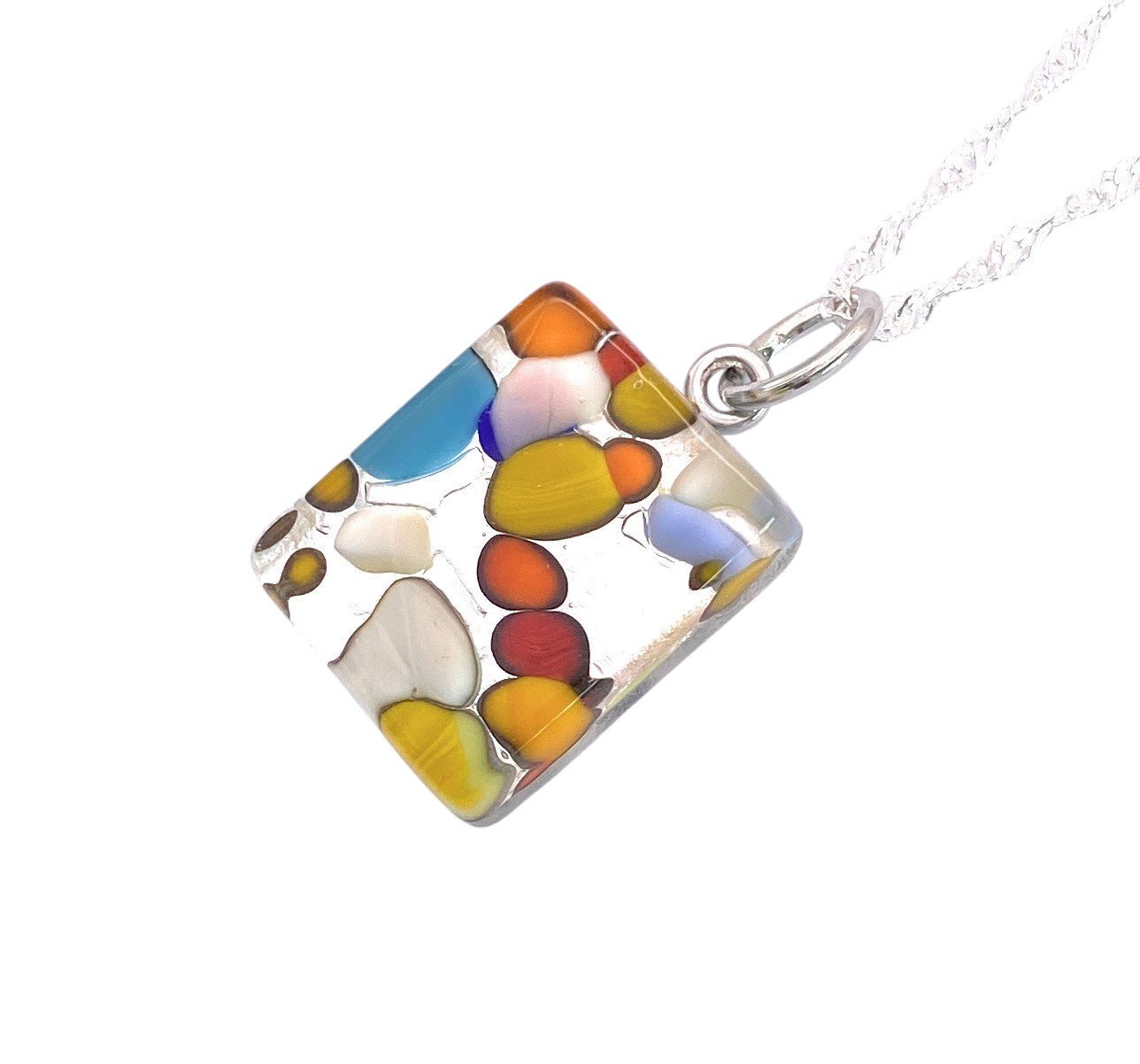 Murano Glass Pendant, Rainbow Millefiori on Silver Leaf - Calon Glass & Murano Passion - Murano Glass Pendant