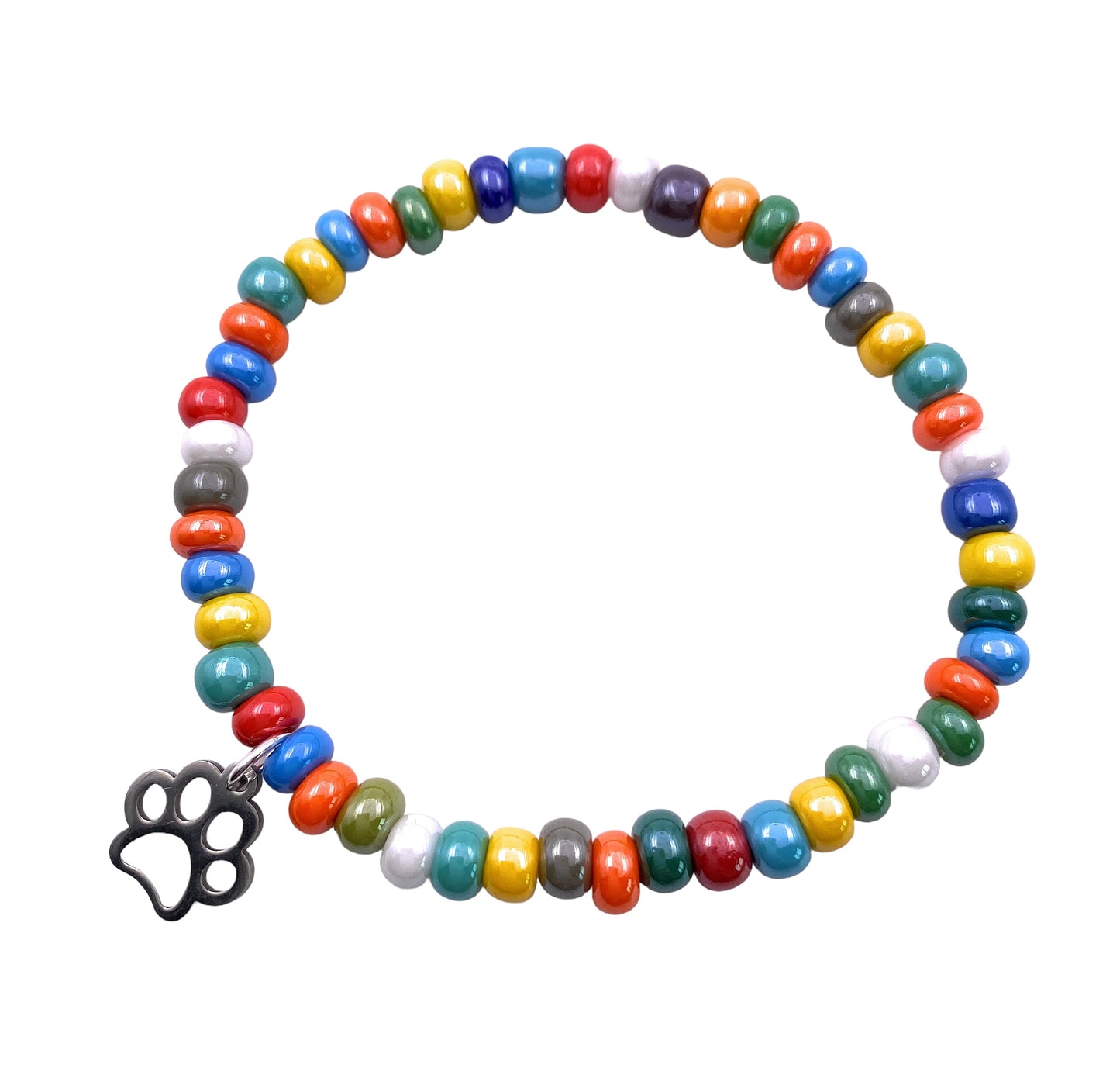 Murano Glass Beaded Bracelet with Paw Print Charm, Dainty 5mm/0.5cm Multi-Coloured Beads, Elasticated Bracelet (MGBR6)