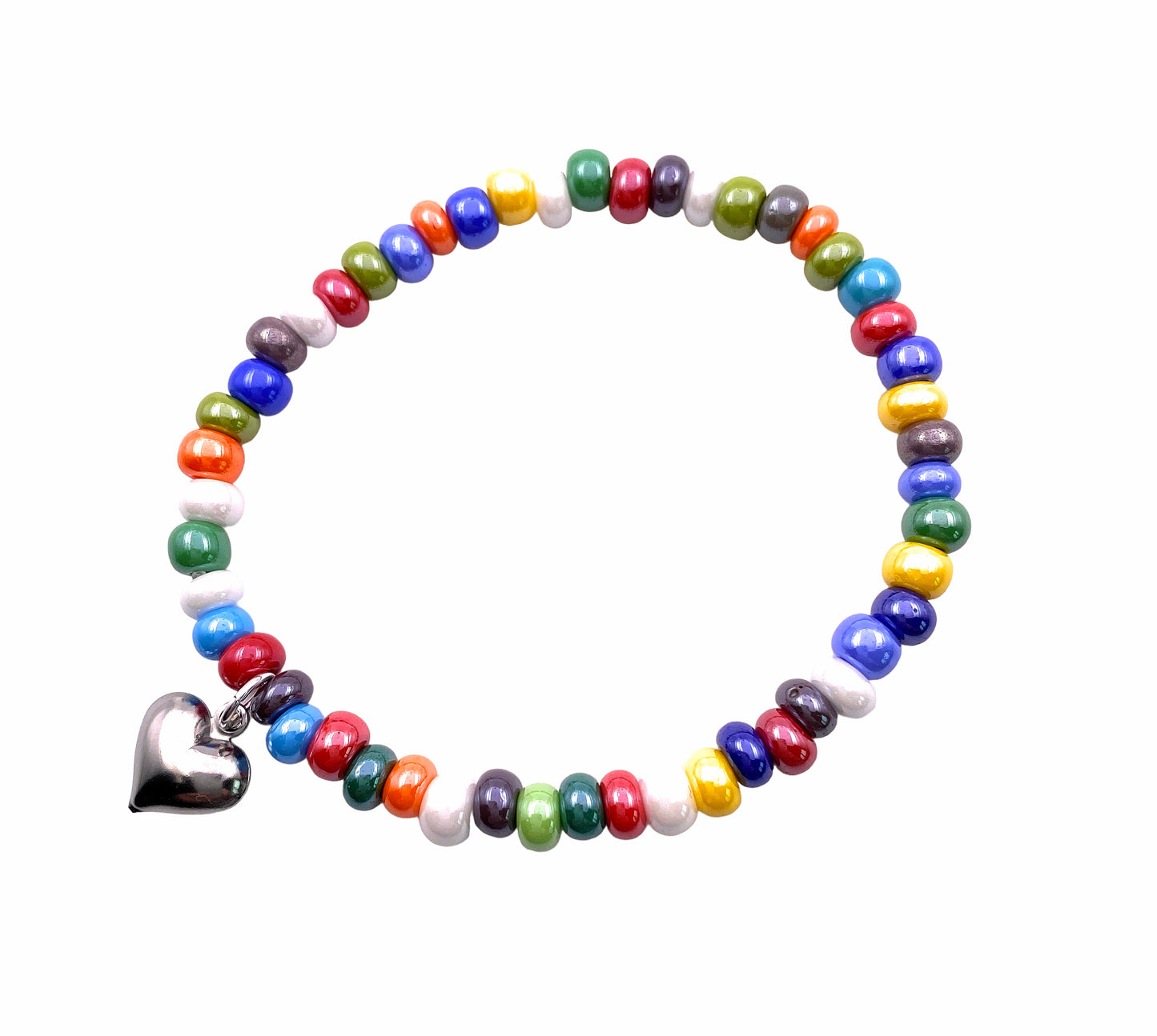 Murano Glass Beaded Bracelet with Heart Charm, Dainty 5mm/0.5cm Multi-Coloured Beads, Elasticated Bracelet (MGBR7)