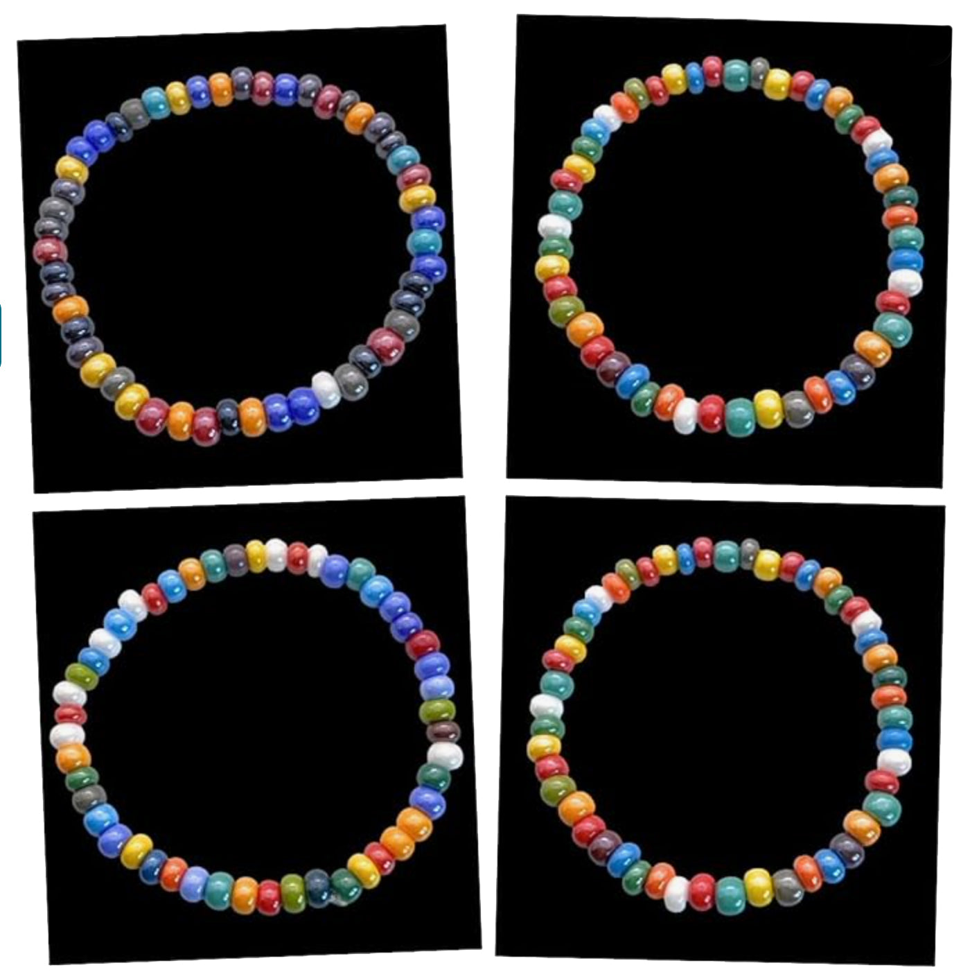 Four Murano Passion beaded bracelets feature a dainty design with 5mm multi-coloured beads arranged in circular patterns against a black background. Each elasticated bracelet (MGBR2) showcases a vibrant mix of colors, creating a cheerful and playful design that highlights the exquisite craftsmanship of genuine Murano glass jewelry.