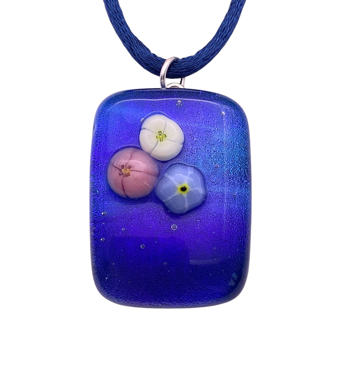 Handmade Dichroic Glass Pendant, Shiny Blue Dichroic Glass with Millefiori Flowers (CGP21)