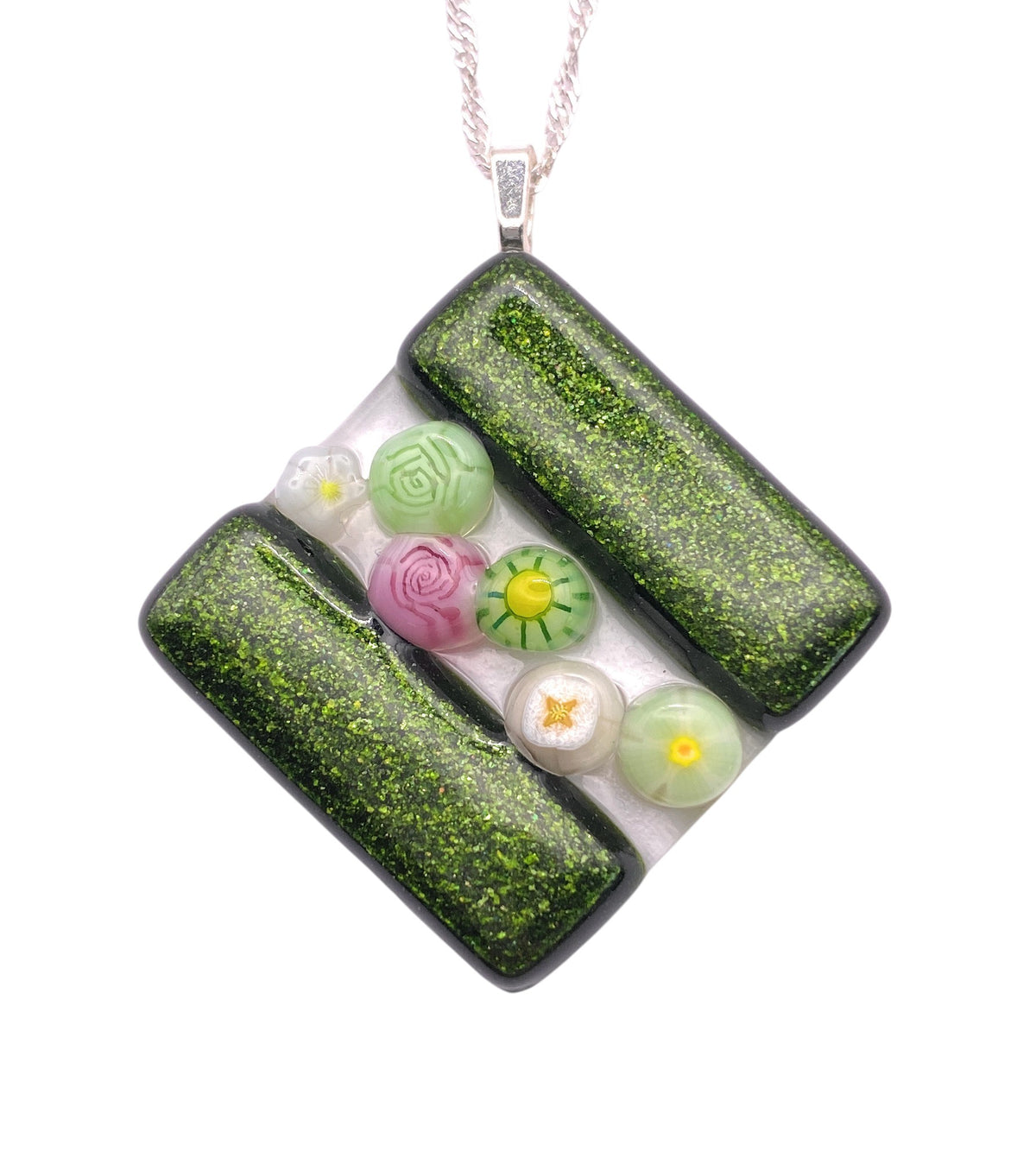 Handmade Glass Pendant made with Millefiori Glass Flowers - 3cm x 3cm (Emerald Green) square pendant on a silver chain.