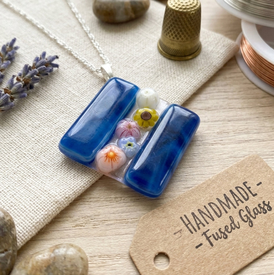 Handmade Glass Pendant made with Millefiori Glass Flowers - 3cm x 3cm (Blue) square pendant on a silver chain.