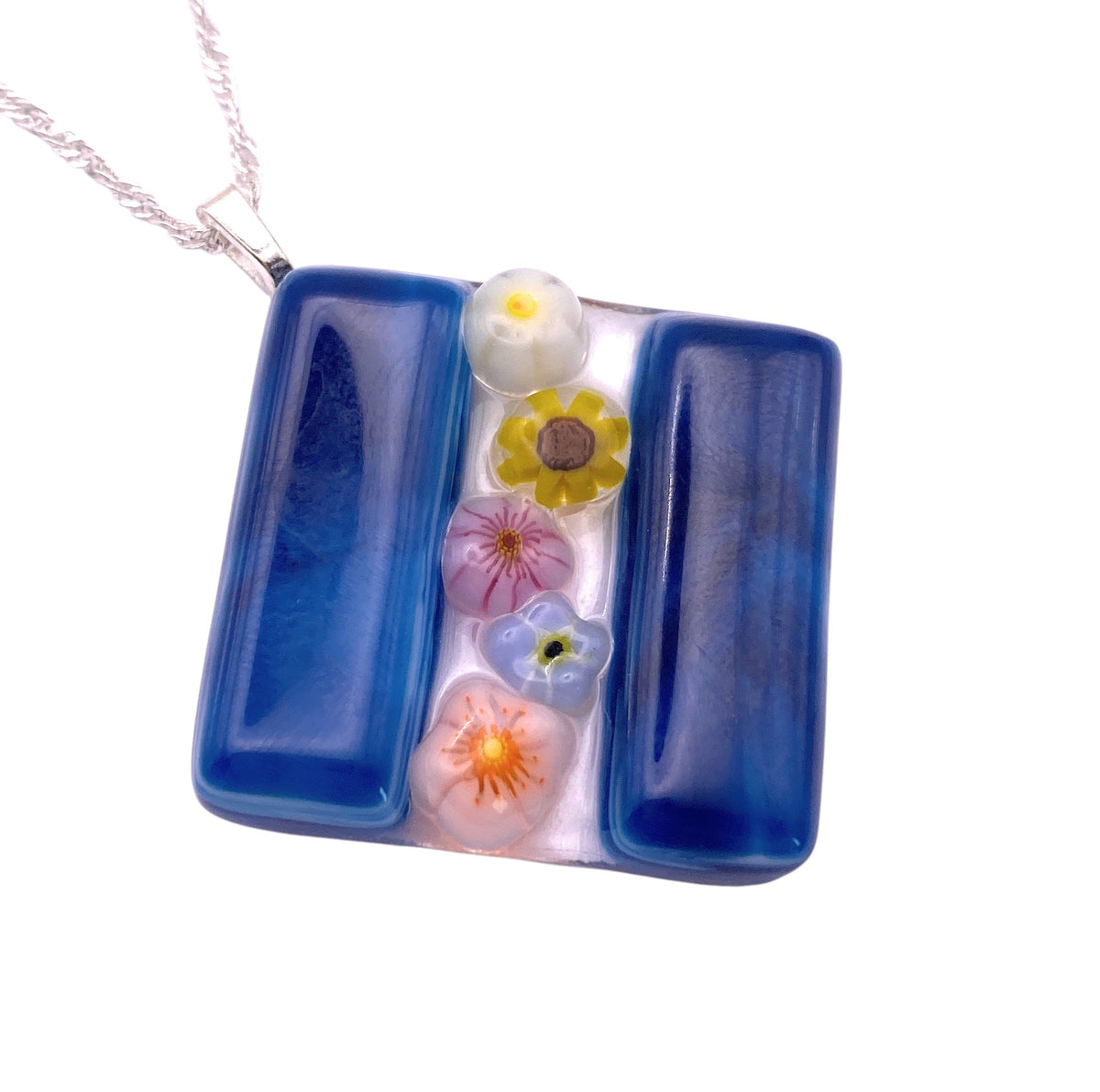 Handmade Glass Pendant made with Millefiori Glass Flowers - 3cm x 3cm (Blue)