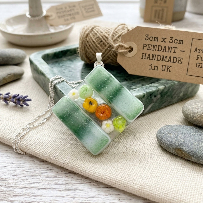 Handmade Glass Pendant made with Millefiori Glass Flowers - 3cm x 3cm (Green) square pendant on a silver chain.