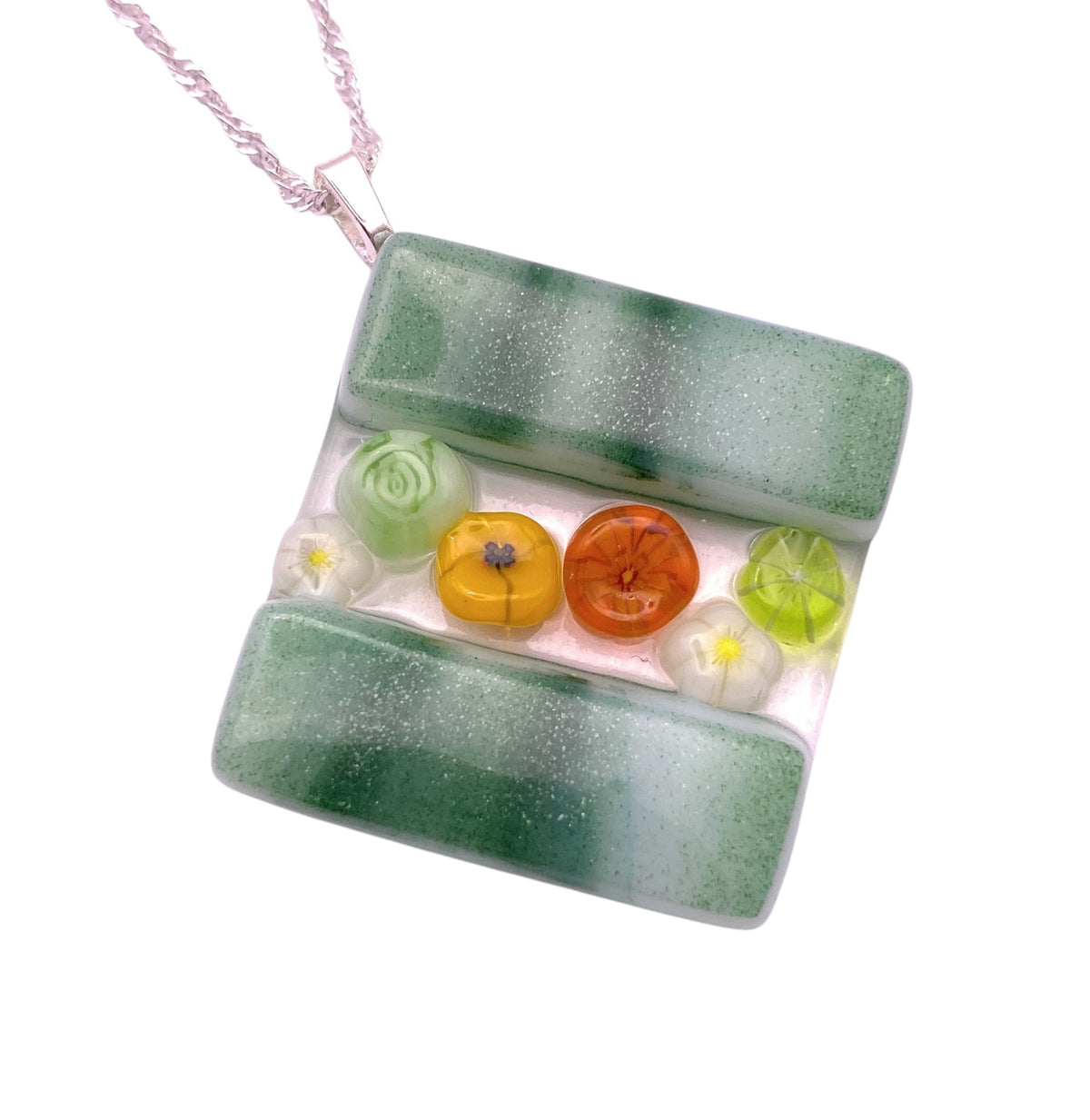 Handmade Glass Pendant made with Millefiori Glass Flowers - 3cm x 3cm (Green)