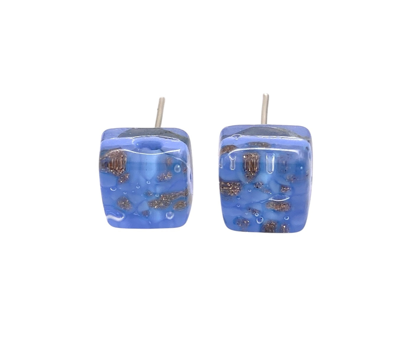 Introducing the Murano Passion Murano Glass Earrings - Multi/Silver, featuring a dainty 8mm diameter. These square blue stud earrings are handmade with a glossy finish and scattered brown speckles, and come with a Certificate of Authenticity.