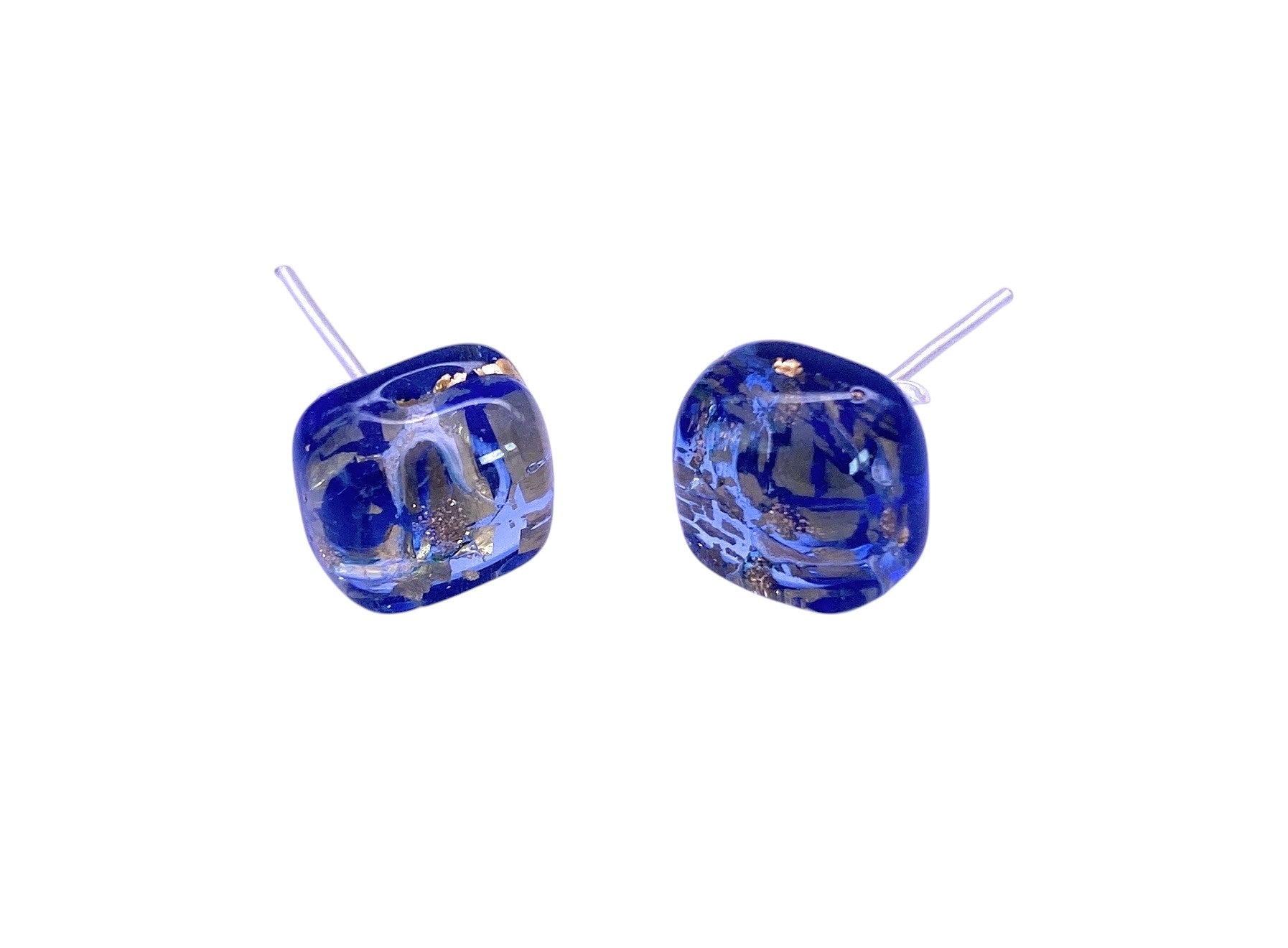Murano Passion's Murano Glass Earrings - Blue/Gold (MGE5) feature dainty 8mm square shapes with metallic flecks, shown on a white background.