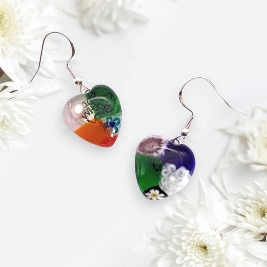 Murano Passion's Murano Glass Earrings, Millefiori Glass Flower Earrings (1.5cm x 1.6cm, 925 Sterling Silver), are displayed on a white background with white flowers.