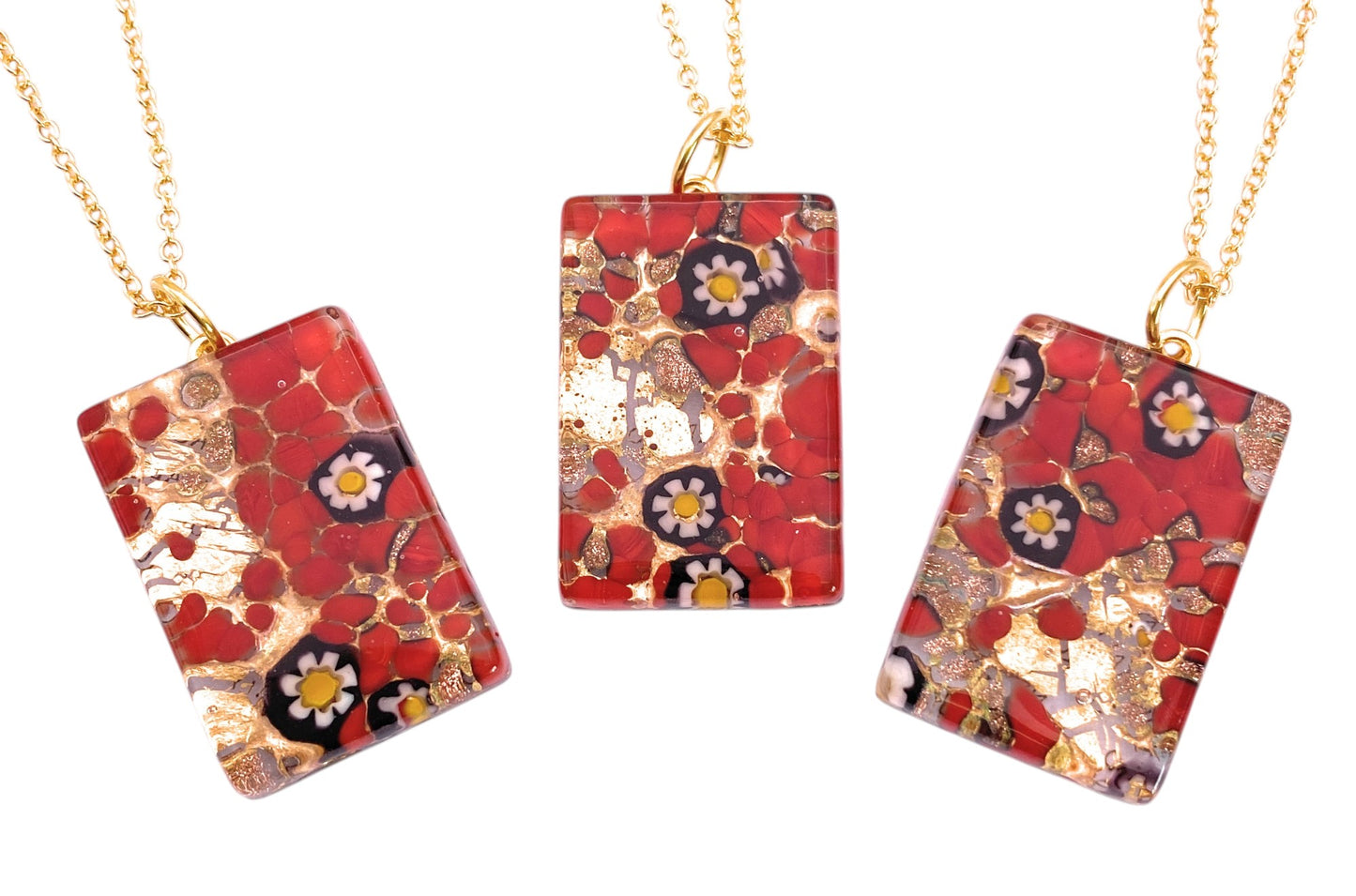 Murano Glass Pendant, Millefiori Flower Pendant on Gold Leaf - 3cm x 2cm (MGPC5)