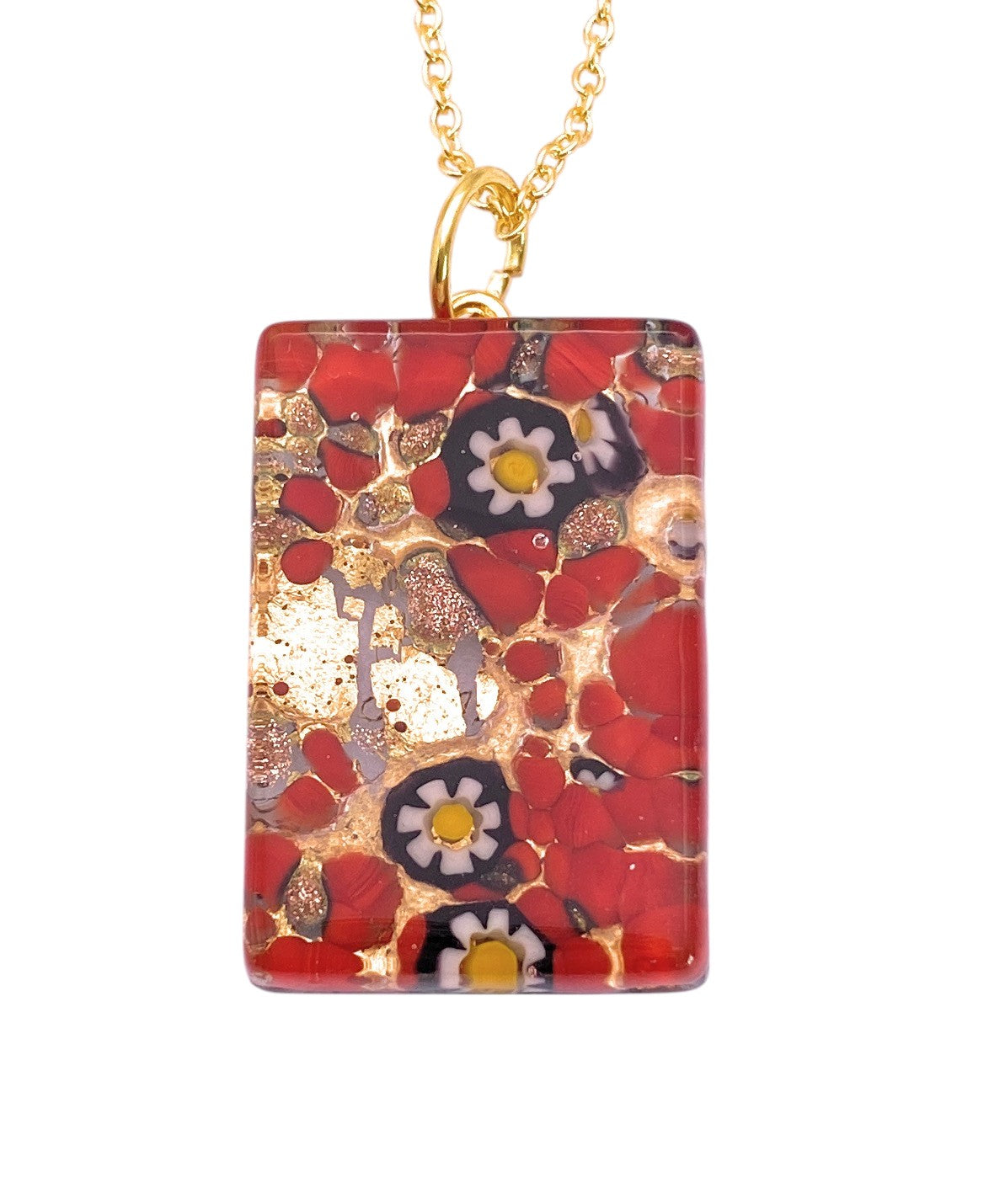 The Murano Passion Millefiori Flower Pendant (MGPC5) features a 3cm x 2cm rectangular Murano glass with gold leaf, showcasing red, gold, white, yellow, and black floral designs on a gold chain.