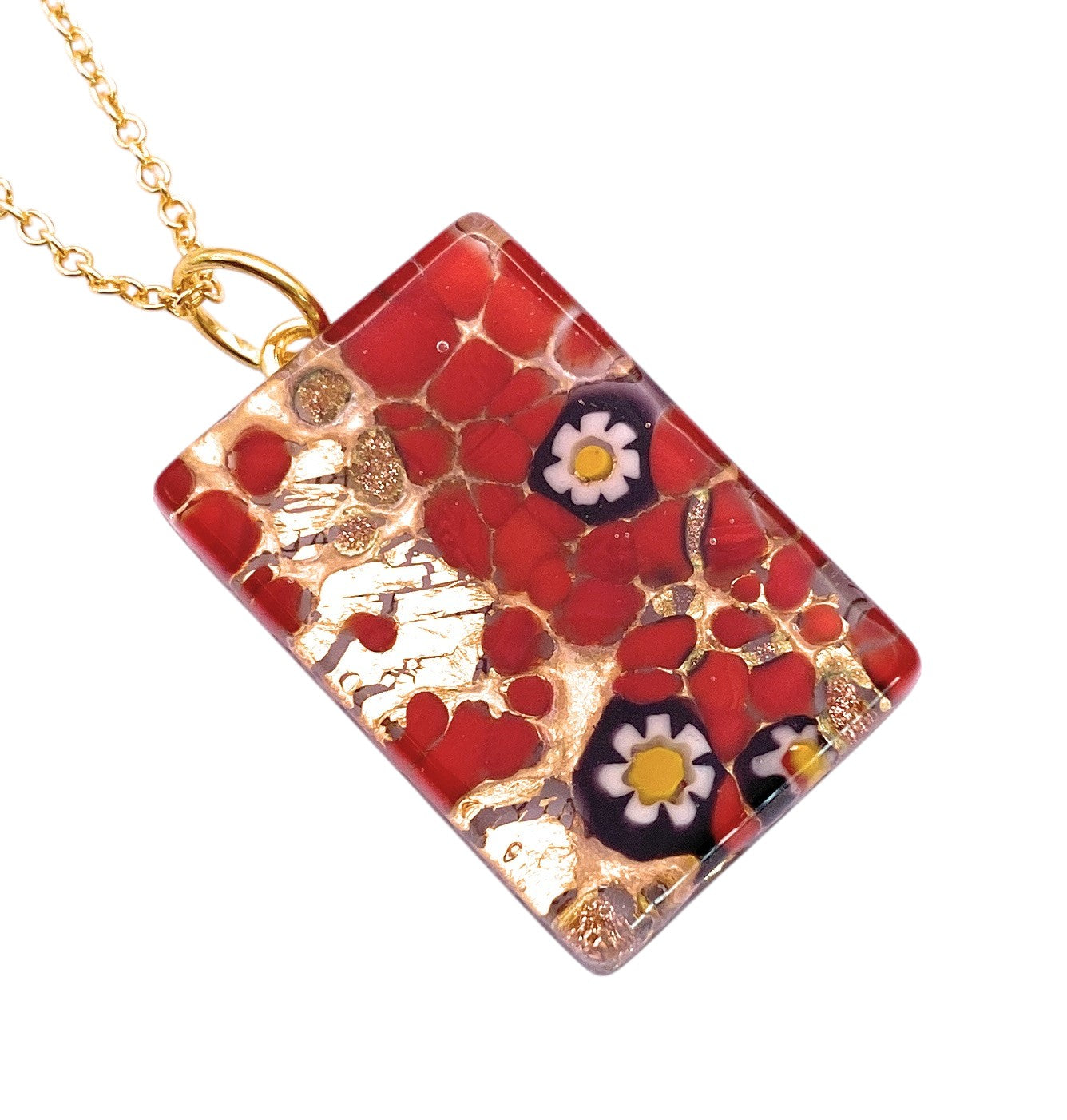 The Murano Passion Murano Glass Pendant (MGPC5) measures 3cm x 2cm and features a Millefiori flower mosaic in red, gold, and purple on gold leaf with a glossy finish.