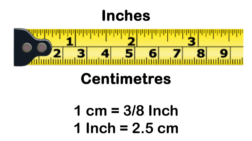 A yellow measuring tape features inches on the top and centimeters below, with the inscriptions "1 cm = 3/8 Inch" and "1 Inch = 2.5 cm," reminiscent of the precision in Murano Passion's Murano Glass Earrings, 8mm Diameter with Silver Leaf (MGE12), which are often accompanied by a Certificate of Authenticity.