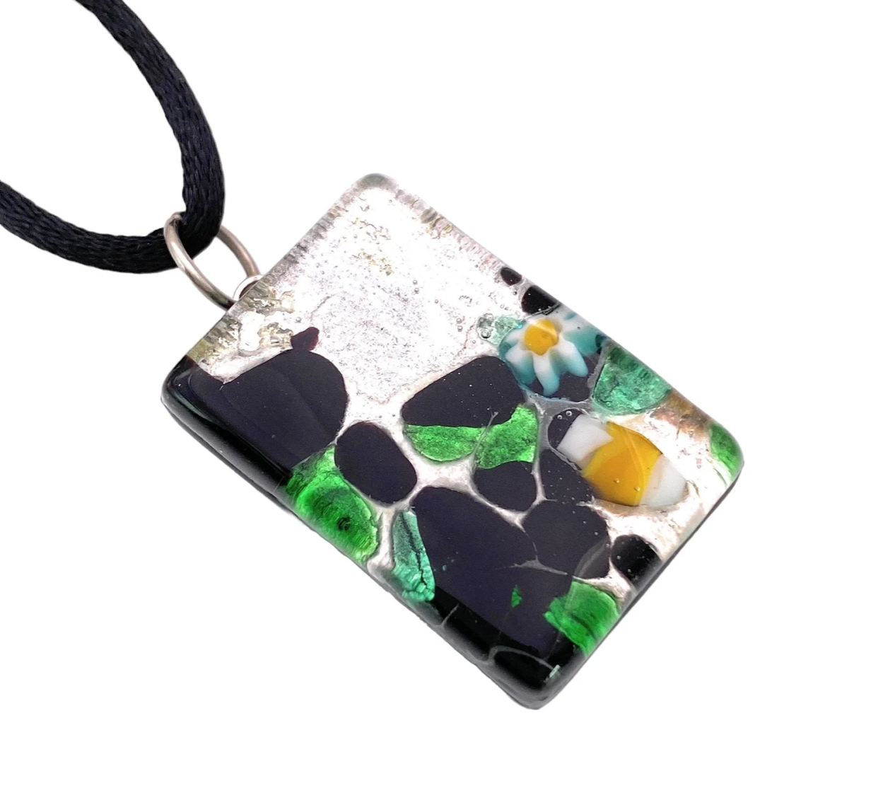 Murano Glass Pendant, Millefiori Flower Pendant on Silver Leaf - 3cm x 2cm (MGPC1)