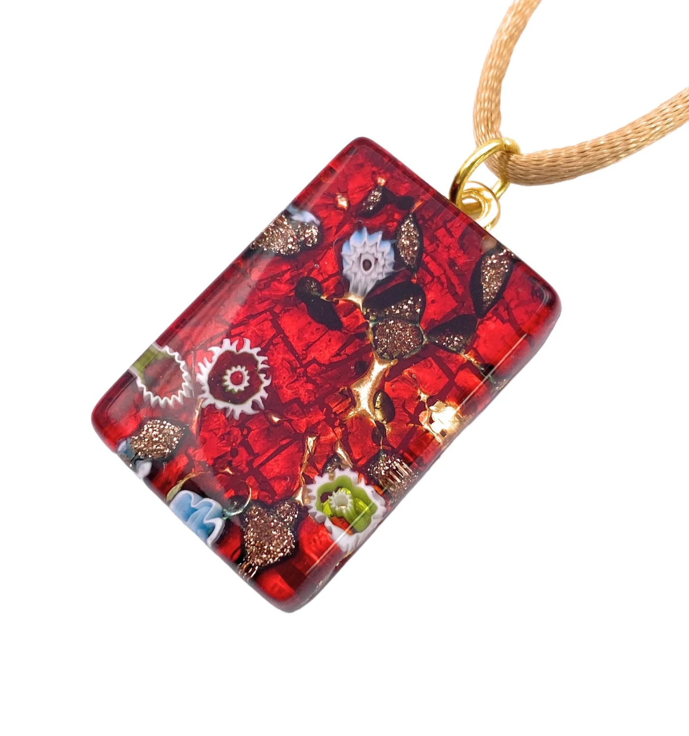 Murano Glass Pendant, Millefiori Flower Pendant on Gold Leaf - 3cm x 2cm (MGPC3)