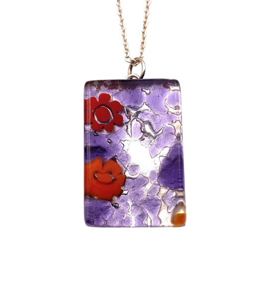 Murano Glass Pendant, Millefiori Flower Pendant on Silver Leaf - 3cm x 2cm (MGPC4)