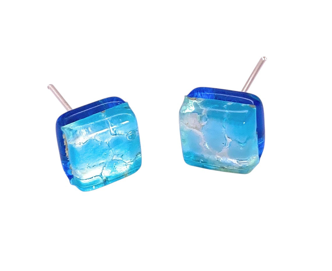 Murano Glass Earrings - Pale Blue/Silver, Dainty 8mm Diameter (MGE18)