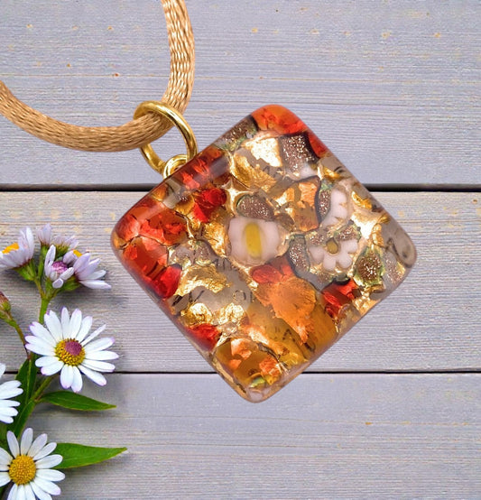 Murano Glass Millefiori Pendant on Gold Leaf - 2cm x 2cm (MGPD1) square pendant with gold leaf flecks and a gold-toned bail.