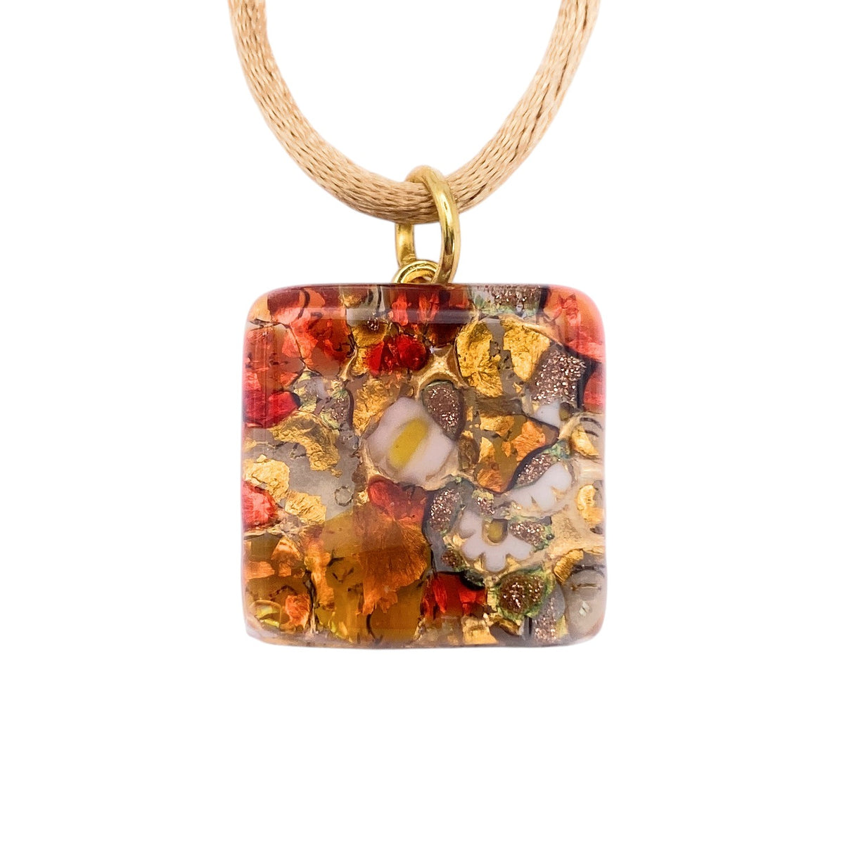 Murano Glass Millefiori Pendant on Gold Leaf - 2cm x 2cm (MGPD1): a square pendant on a beige cord necklace.