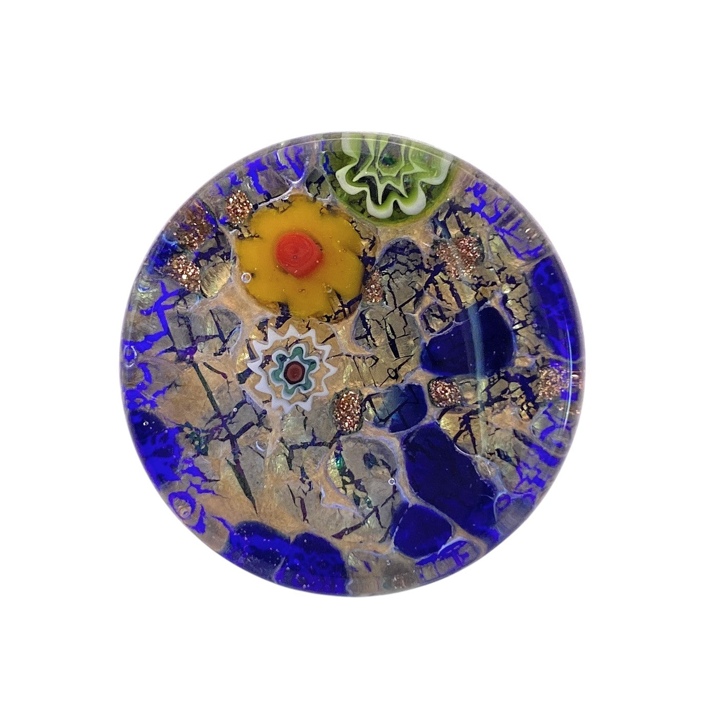 The Murano Passion Chunky Statement Ring (MGR3) is a handmade 3cm ring featuring genuine Murano glass with colorful abstract designs—yellow and red flowers, green accents, and blue, white, and gold patterns.
