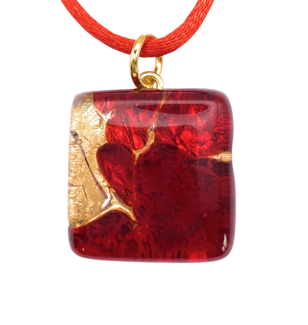 Murano Glass Pendant - Red on Gold Leaf, 2cm x 2cm (MGPD2): a square pendant on a red cord.