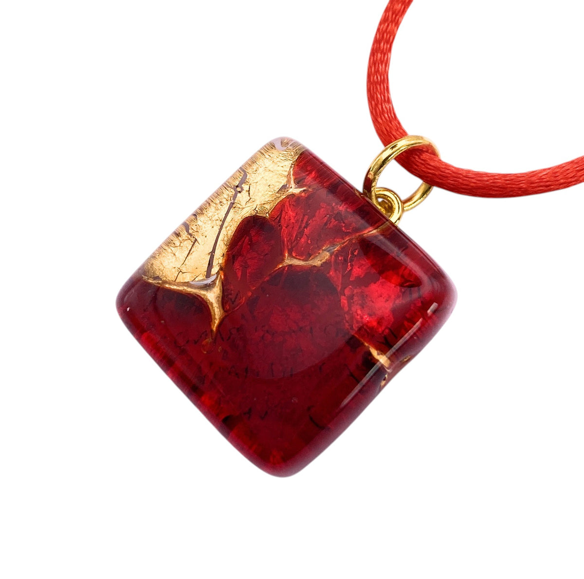 Murano Glass Pendant - Red on Gold Leaf, 2cm x 2cm (MGPD2), a square red pendant with gold leaf accents on a red cord.