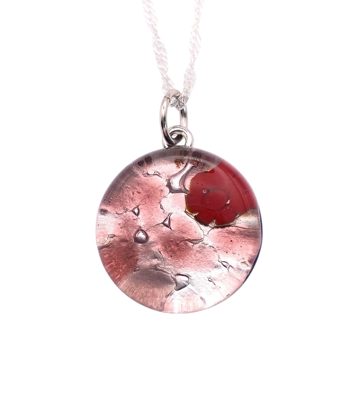 Murano Glass Round Pendant made with Millefiori Flowers - 2cm (MGPV19) on a silver chain with red flowers in pink glass.