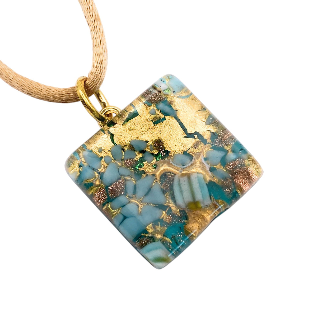 Murano Glass Pendant, Blue on Gold Leaf, 2cm x 2cm (MGPD15): a square pendant with blue fragments on a beige cord.