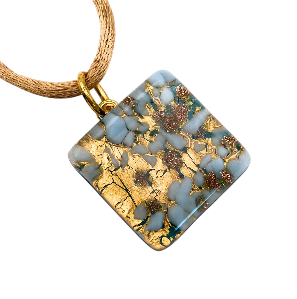 Murano Glass Pendant, Blue on Gold Leaf, 2cm x 2cm (MGPD15): square blue and gold leaf pendant on a golden cord.